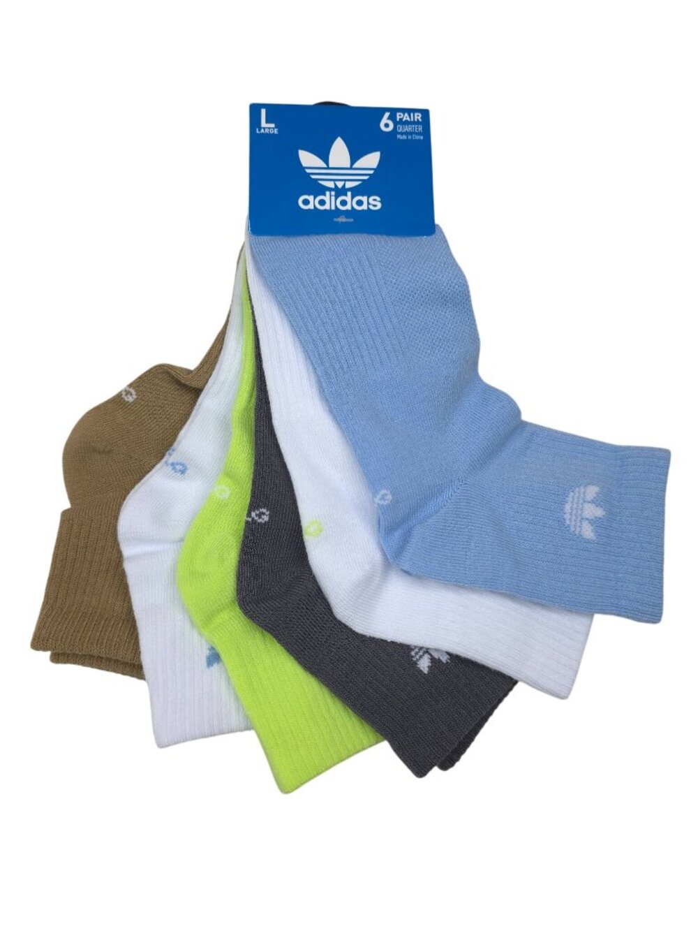 Adidas 6-Pair Quarter Socks Large Womens 10-13 Mens 8-12 Blue White Green Brown